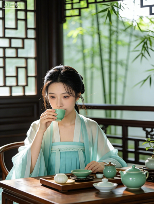 中国风古装女子佳人闺秀茶室品茶人像照片 | AI智能生成设计模板-千图AI