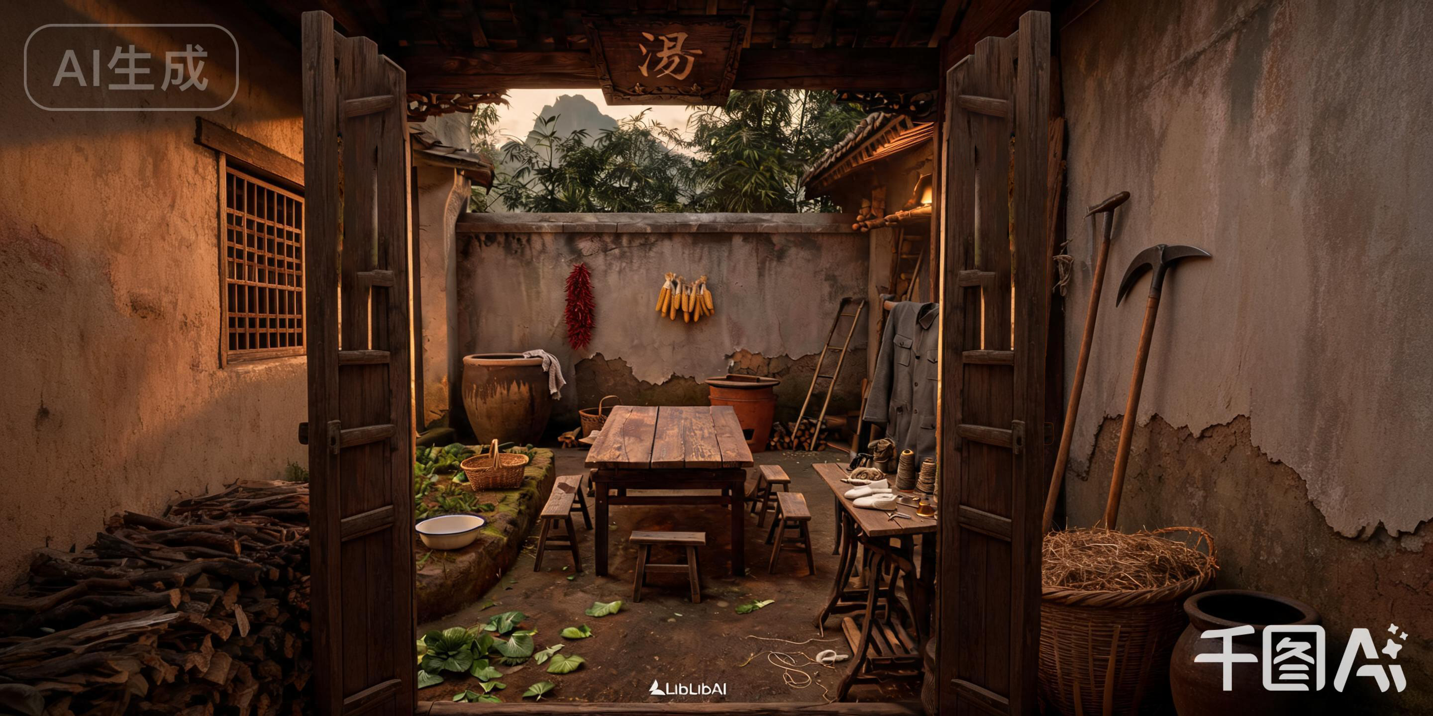 3D渲染古风小院柴房场景插画素材 | AI智能生成设计模板-千图AI